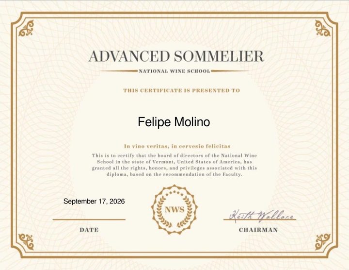 Certificate: Advanced Sommelier Certification, National Wine School