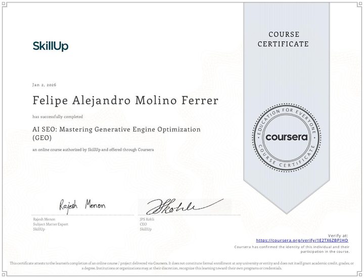 Certificate: AI SEO: Mastering Generative Engine Optimization (GEO), SkillUp