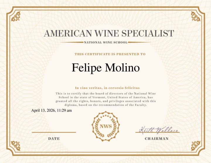 Certificate: American Wine Specialist™, National Wine School