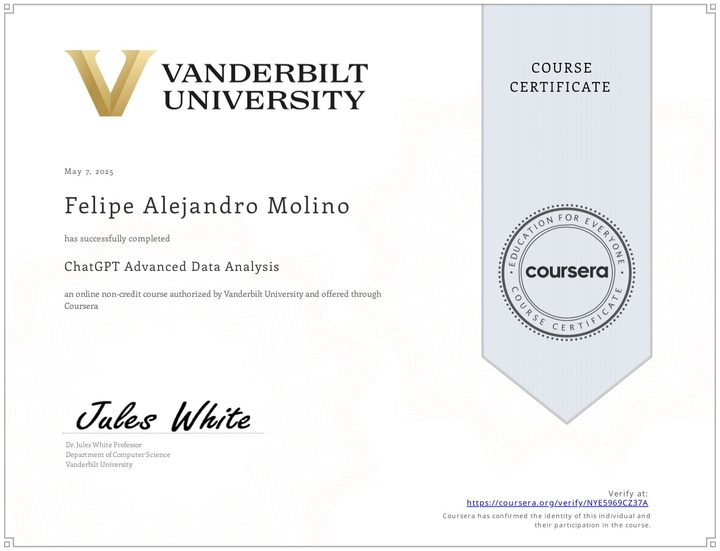 Certificate: ChatGPT Advanced Data Analysis, Vanderbilt University