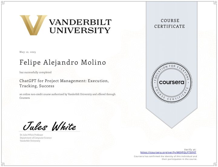 Certificate: ChatGPT for Project Management: Execution, Tracking, Success, Vanderbilt University