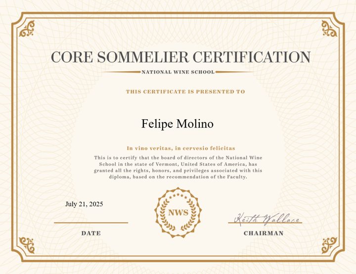 Certificate: Core Sommelier Certification, National Wine School