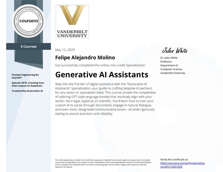Certificate: Generative AI Assistants Specialization, Vanderbilt University