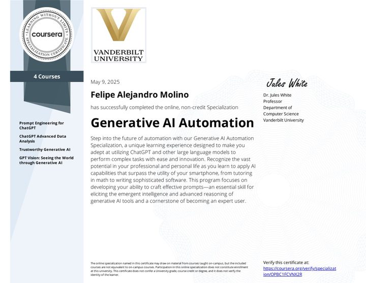 Certificate: Generative AI Automation Specialization, Vanderbilt University