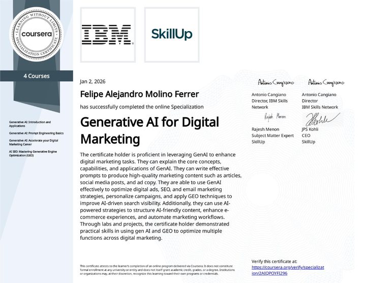 Certificate: Generative AI for Digital Marketing, IBM & SkillUp
