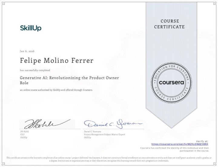 Certificate: Generative AI: Revolutionizing the Product Owner Role, SkillUp