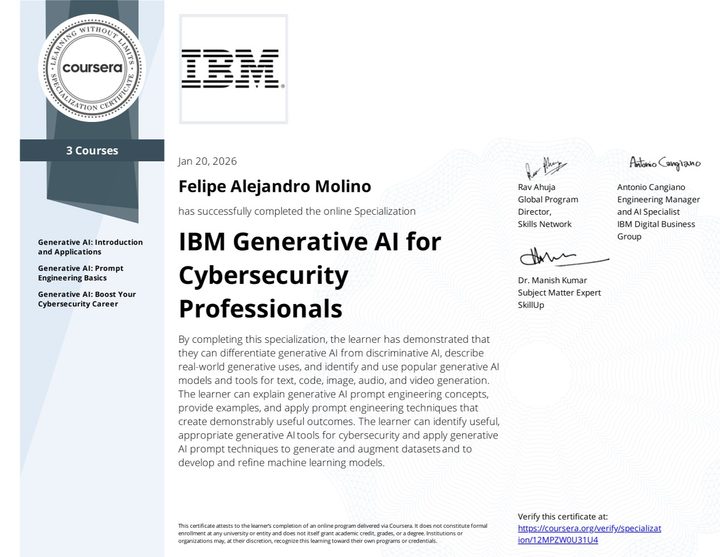 Certificate: IBM Generative AI for Cybersecurity Professionals Specialization, IBM