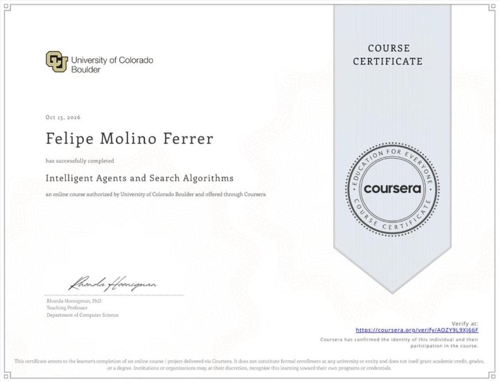Certificate: Intelligent Agents and Search Algorithms, University of Colorado Boulder