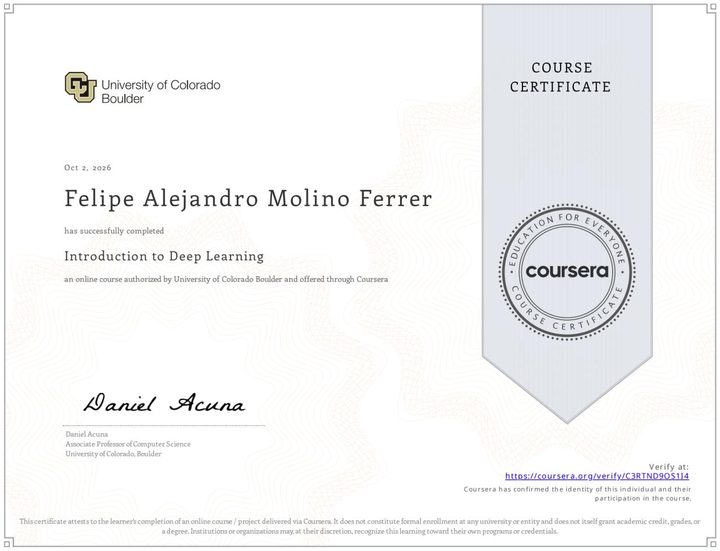 Certificate: Introduction to Deep Learning, University of Colorado Boulder
