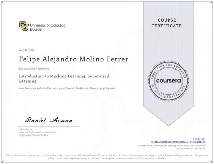 Certificate: Introduction to Machine Learning: Supervised Learning, University of Colorado Boulder