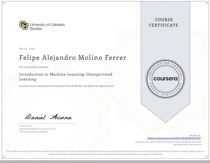 Certificate: Introduction to Machine Learning: Unsupervised Learning, University of Colorado Boulder