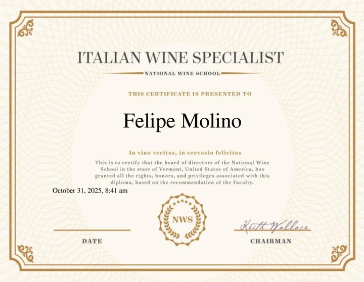 Certificate: Italian Wine Specialist, National Wine School
