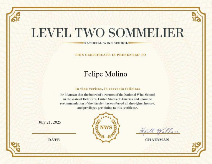 Certificate: Level Two Sommelier, National Wine School