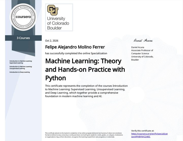 Certificate: Machine Learning: Theory and Hands-on Practice with Python, University of Colorado Boulder