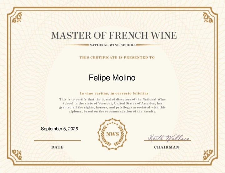 Certificate: Master of French Wine, National Wine School