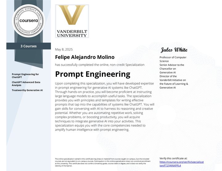 Certificate: Prompt Engineering Specialization, Vanderbilt University